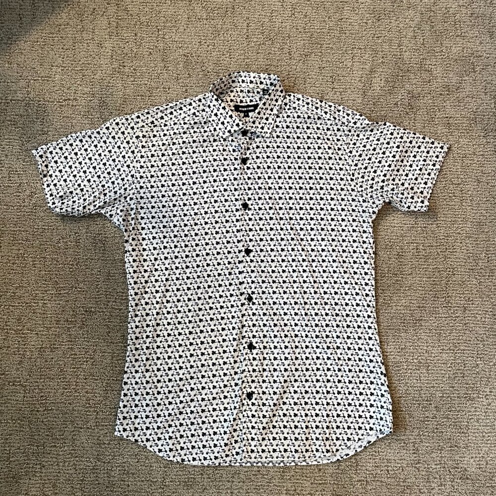 Jared Lang Short-Sleeve Shirt MEDIUM - White with Cute Little Scooter / Pattern
